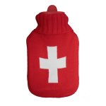 Wärmflasche 1 Liter Gummi mit Strick-Bezug Rot weißes Kreuz abnehmbar waschbar