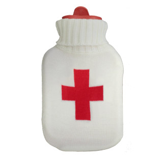 Wärmflasche 1 Liter Gummi mit Strick-Bezug Weiß rotes Herz abnehmbar waschbar