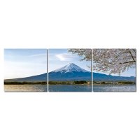 Bild 3er Set Landschaft Vulkan schneebedeckt Japan Kirschblüte Fotodruck MDF-Platten Wandbild