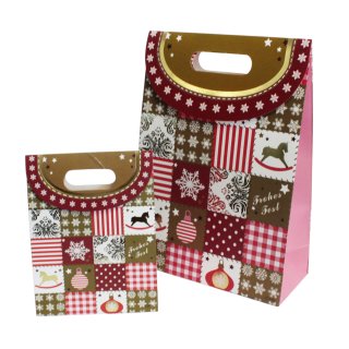 Kinder Geschenktaschen 2er Set Weihnachten Geschenk Papier Tüte mit Klettverschluss Patchwork Frohes Fest