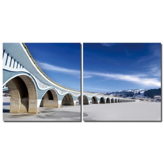 Bild 2er-Set Torbogen Brücke Winter Holzfaserplatte Fotodruck Wandbild 2 mal 50x50 cm