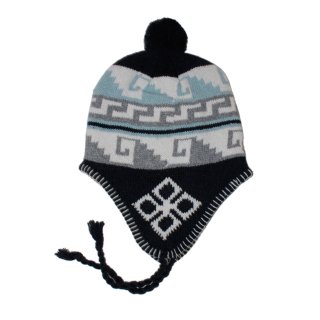 Norwegermütze blau grau weiß Inka Mütze Jacquard Strickmütze mit Bommel warm gefüttert mit Fleece