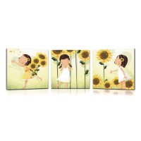 Bild 3er Set Sonnenblumen Kinder Illustration Holzfaserplatte Wandbild 3 mal 40x40 cm