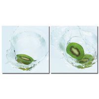 Bild 2er Set Kiwi Wasser fresh fruits Fotodruck Holzfaserplatte Wandbild 2 mal 30x30 cm