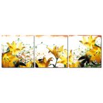 Bild 3er Set gelbe Lilien Blumen auf Blatt Ranken Holzfaserplatte Kunstdruck Wandbild