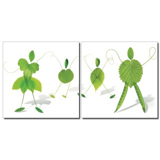 Bild 2er Set grüne Blätter Männchen Familie Holzfaserplatte Kunstdruck Wandbild 2 mal 50x50 cm