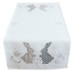 Oster Tischläufer ca. 40x85 cm Tischband cremeweiß mit Osterei Stickerei & Hasen Applikation Grautöne