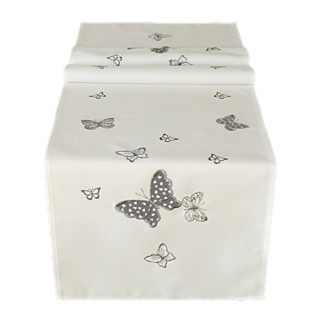 Tischläufer ca. 40x140 cm cremeweiß Tischband mit Schmetterling Applikation und Stickerei grau