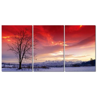Bild 3er Set Abendstimmung Winter Landschaft Berge Fotodruck Holzfaserplatte Wandbild 3 mal 40x60 cm