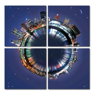 Bild 4er-Set Urban Planet City Skyline Holzfaserplatte Kunstdruck Wandbild 4 mal 40x40 cm
