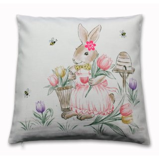 Kissenbezug 40x40 ostern Mädchen rosa Kissenhülle weiß Osterhase Leinenoptik