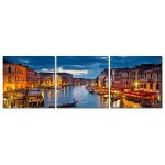 Wandbild Holzrahmen 3-teiliges -Set 40x120cm Venedig bei ruhiger Nacht Lichter Dekoration