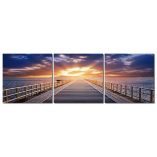 Wandbild Holzrahmen 3-teiliges -Set Pier Sonnenuntergang Meer Wolken Dekoration