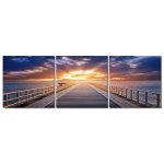 Wandbild Holzrahmen 3-teiliges -Set Pier Sonnenuntergang Meer Wolken Dekoration