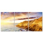 Wandbild Holzrahmen 3-teiliges -Set 70x150 cm Klippen Sonnenuntergang Meer Himmel Dekoration