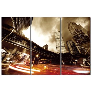 Wandbild Holzrahmen 3-teiliges -Set 80x120 cm Skyline Stadt Lichter Dekoration