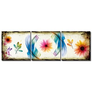 Wandbild Holzrahmen 3-teiliges -Set Blumen Schmetterling Federn bunt Dekoration