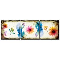 Wandbild Holzrahmen 3-teiliges -Set Blumen Schmetterling...