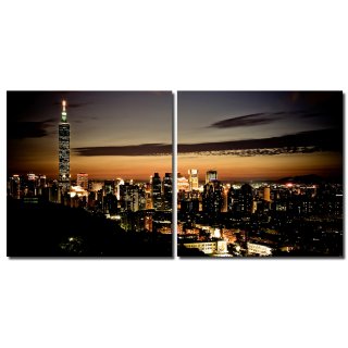Wandbild Holzrahmen 2-teiliges -Set  50x100 cm Metropole im Abendglanz Skyline