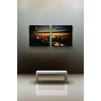 Wandbild Holzrahmen 2-teiliges -Set  50x100 cm Metropole im Abendglanz Skyline
