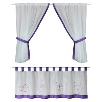 Gardinenset 4-tlg Voile 2x ca. 140x120 cm Fenstergardine mit lila Borte Punkte