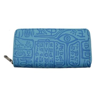 Geldbörse Damen gross blau aqua mit Reißverschluss viele Fächer Ägypten Muster