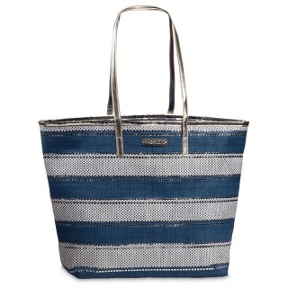 Korbtasche Bast Tasche Strandtasche Einkaufstasche Streifen Blau Weiß Lurex Silber