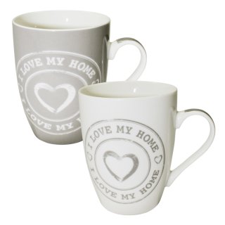 Kaffeetasse "I love my home" Henkel Tasse mit Herz Porzellan Becher Grau oder Weiß