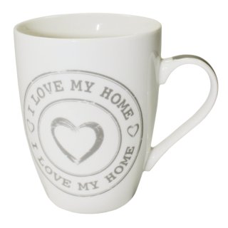 Kaffeetasse "I love my home" Henkel Tasse mit Herz Porzellan Becher Weiß mit Grau