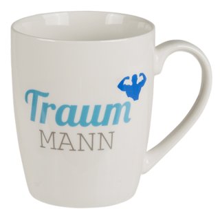 Kaffeetasse Porzellantasse Tasse Becher Porzellan weiß mit Traummann Aufdruck in Blau