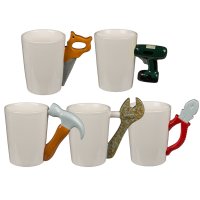 Origineller Keramik-Becher Kaffeetasse Handwerker Tasse mit Werkzeug-Griff Säge