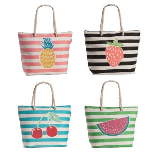 Tasche Damen Shopper Bast Beach Strandtasche gestreift mit Obst-Motiv 4 Farben