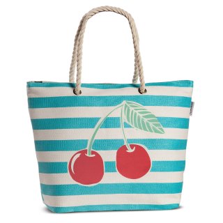 Tasche Damen Shopper Bast Beach Strandtasche Kirschen gestreift mit Obst-Motiv