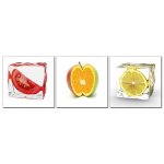 Bild Obst Eis Holzfaserplatte Fotodruck Wandbild 3er Set einfache Montage 3 mal 30x30 cm