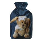 Wärmflasche 1 Liter  mit Bezug flauschig weich Fleece Kurzplüsch Blau mit Teddy Hund