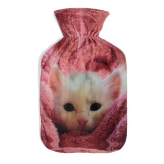 Wärmflasche 1 Liter  mit Bezug flauschig weich Fleece Kurzplüsch Rosa mit Katze Kitten