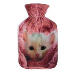 Wärmflasche 1 Liter  mit Bezug flauschig weich Fleece Kurzplüsch Rosa mit Katze Kitten