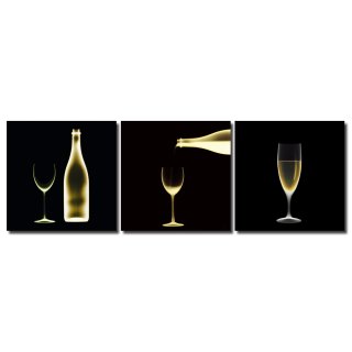 Bild Wein Sekt Glas Flasche Fotodruck Holzfaserplatte Wandbild 3er Set einfache Montage 3 mal 40x40 cm