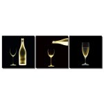 Bild Wein Sekt Glas Flasche Fotodruck Holzfaserplatte Wandbild 3er Set einfache Montage 3 mal 50x50 cm